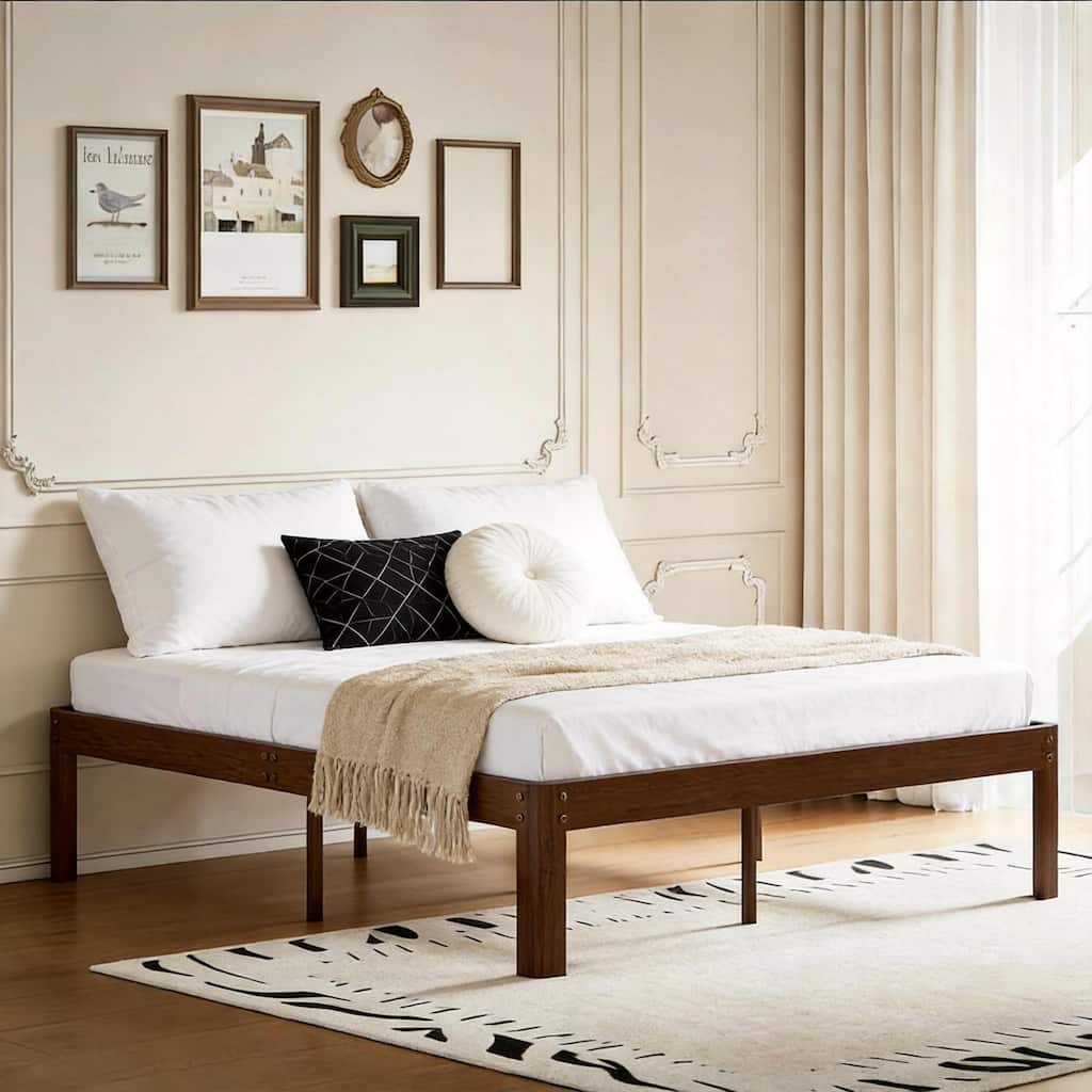 14-Inch Heavy-Duty Metal Platform Bed Frame with Metal Support, Noise-Free Design, and Natural Wood Finish