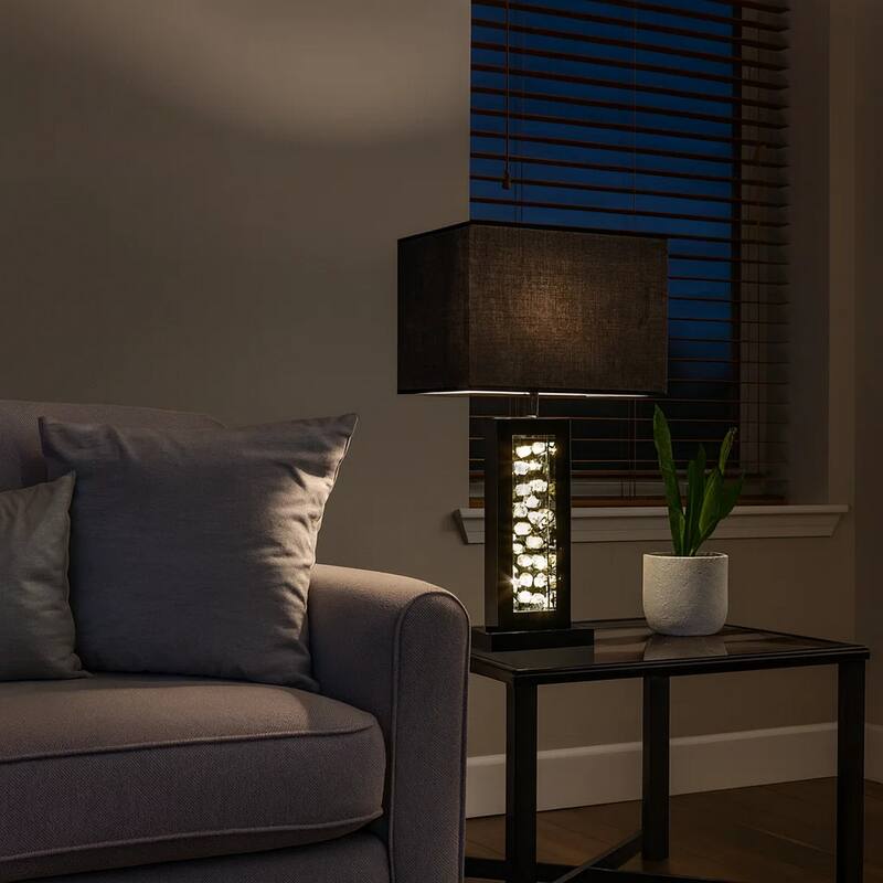 28 Inch Nickel Table Lamp, Black Fabric Shade, Glass Panel with LED Accents