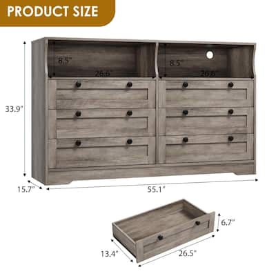 6 Drawer Dresser for Bedroom, 55" Wood Chest of Drawers with Charging Station, LED Lights and 2 Storage Compartments