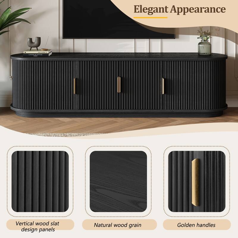 Farmhouse TV Stnad, for TVs up to 75 Inches with Sliding Roller Shutter Doors 4 Adjustable Shelves, for Living Rooms, Black