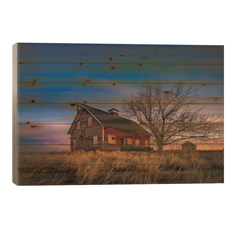 Sunset At The Old Red Barn Print On Wood by Christopher Thomas - Multi-Color - 26x40x1.5