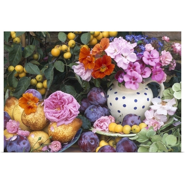 "Cut flowers in a jug outside" Poster Print