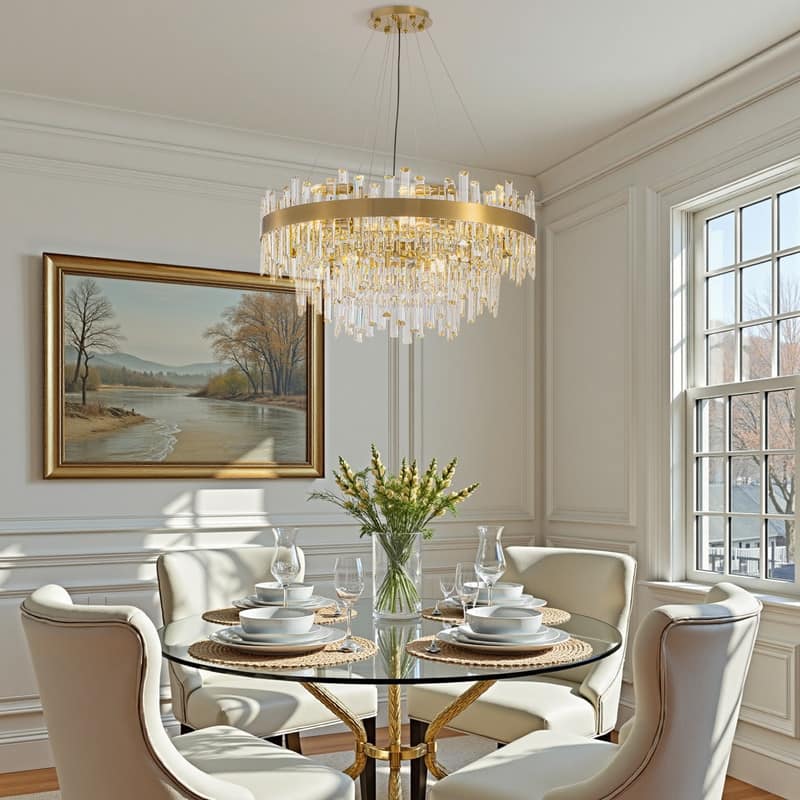 32 in. 4-Tier Modern Crystal Chandelier Brass Gold Round Crystal Raindrop Chandelier Contemporary Pendant Light for Dining Room