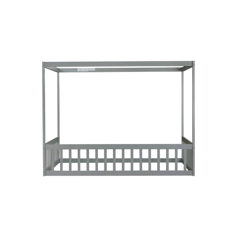 Full Size Canopy Frame Rubber Wood Floor Bed with Fence, Guardrails, Grey