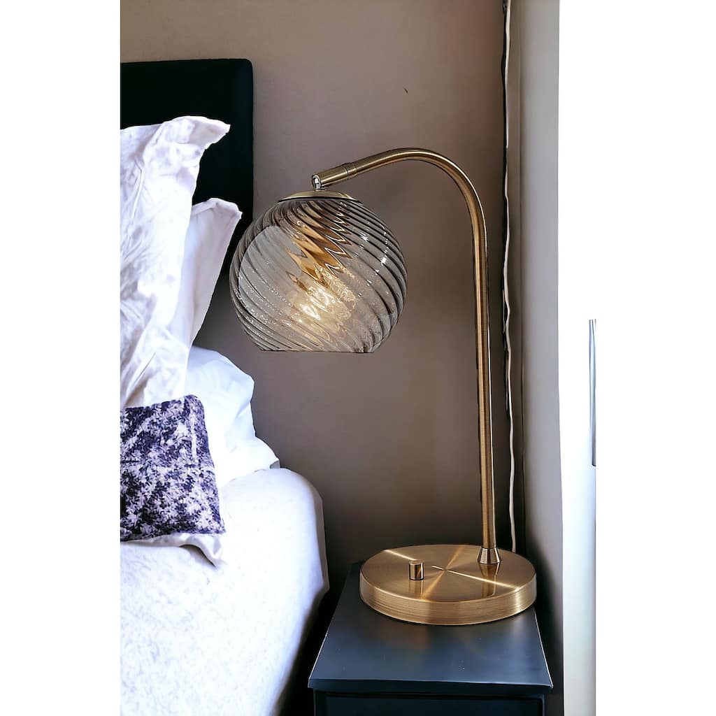 HomeRoots 19" Antiqued Brass Metal Desk Lamp With Light Gray Swirl Globe Shade - 7.5' X '18.5' X '13