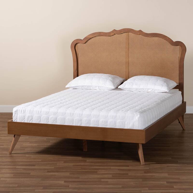 Aithan Mid-Century Walnut Brown Wood and Rattan Platform Bed