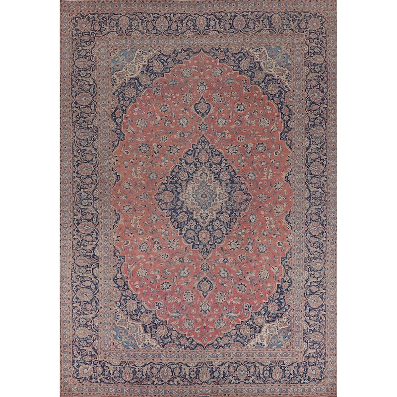 Traditional Kashan Large Persian Vintage Rug Hand-Knotted Wool Carpet - 10'2"x 14'0"