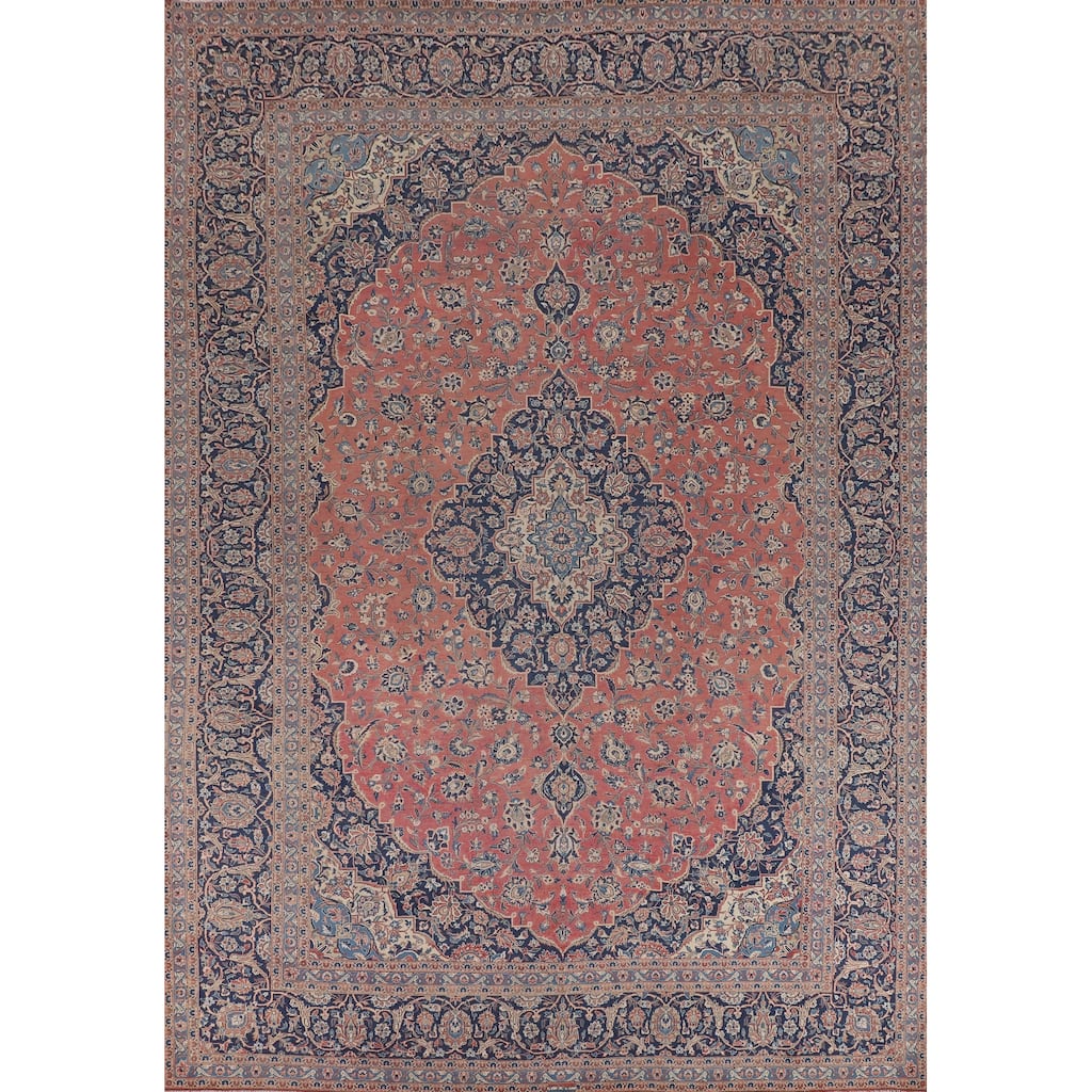Traditional Kashan Large Persian Vintage Rug Hand-Knotted Wool Carpet - 10'2"x 14'0"