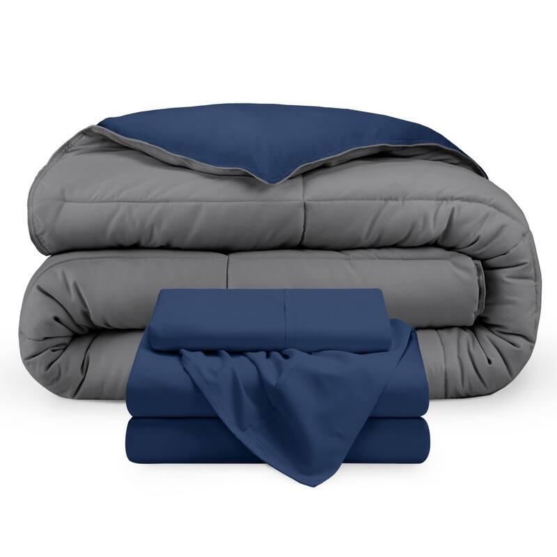 Bare Home Down Alternative Reversible Bed-in-a-Bag - Dark Blue/Grey, Sheets: Dark Blue - Twin