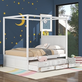 Wood Queen Size Canopy Platform Bed with Twin Size Trundle and Storage Drawers
