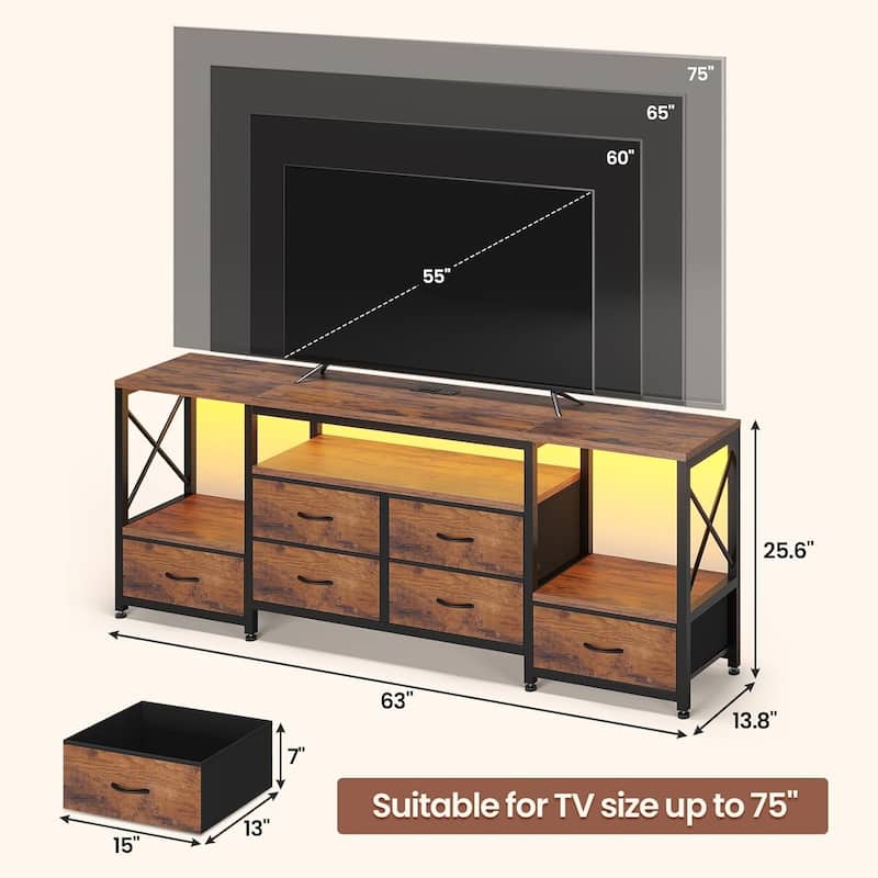 TV Stand with LED Lights Power Outlets Dresser Fabric Drawers Entertainment Center