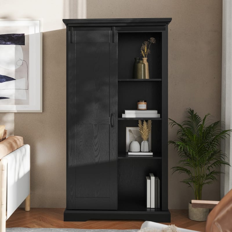 Farmhouse Storage Cabinet with Adjustable Shelves and Sliding Barn Door - 16.75"D x 36.25"W x 68"H