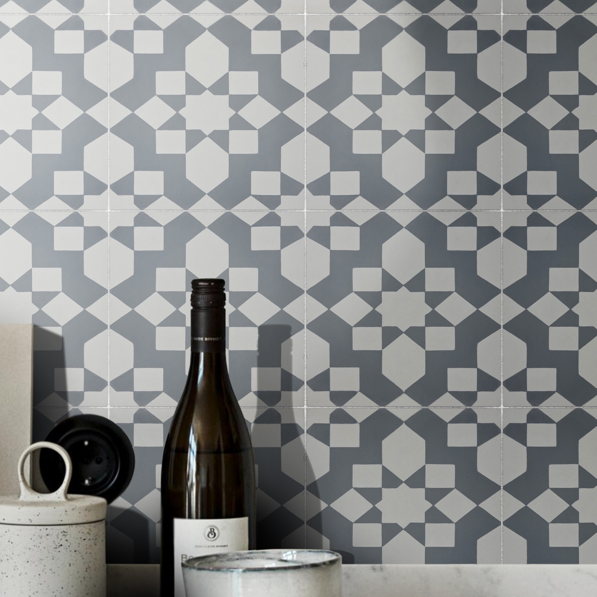 Affos Handmade Cement Tile,8x8, White-Grey ,Pack of 12 tiles ( Morocco)
