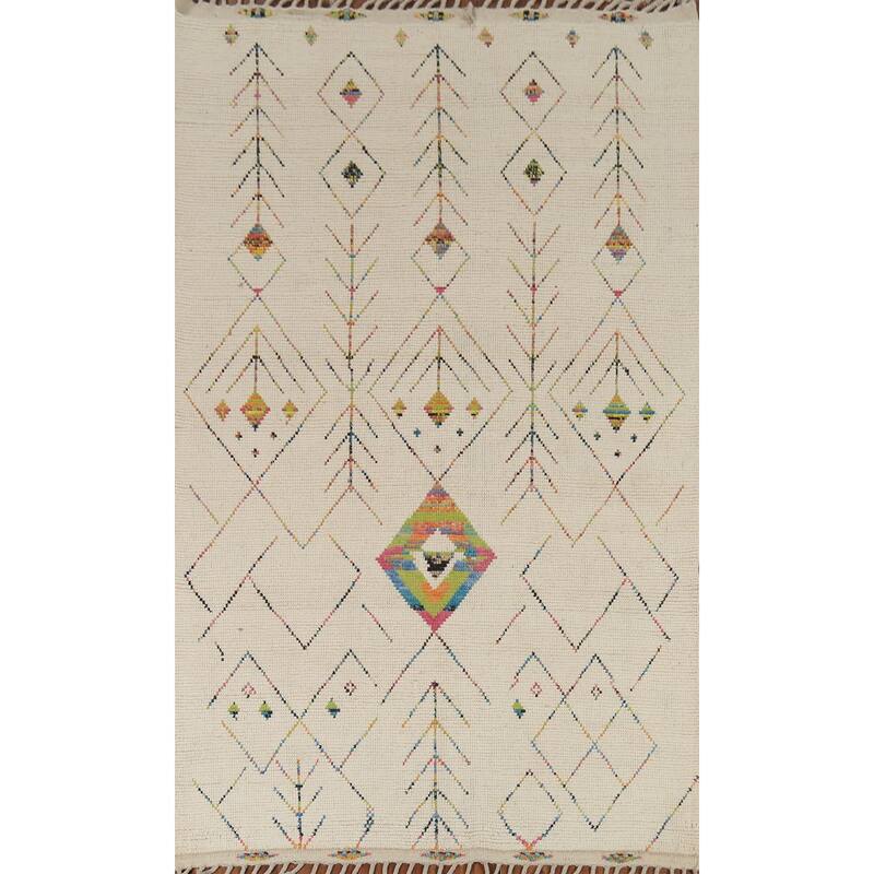 Ivory Geometric Moroccan Oriental Area Rug Handmade Wool Carpet - 5'11"x 9'6"