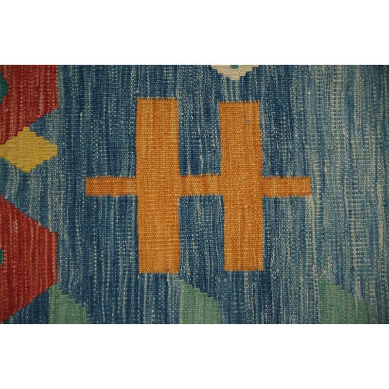 Hand Woven Oriental 100% Wool Carpet Southwestern Tribal Navy Blue & Blues Kilim Area Rug - 14' 10'' X 7' 0''