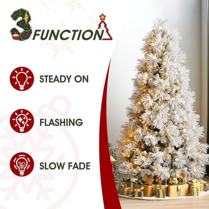 Glitzhome 7.5FT/9FT Pre-Lit Flocked Snowy Full Pine Artificial Christmas Tree with Warm White Globe Lights & Foot Switch