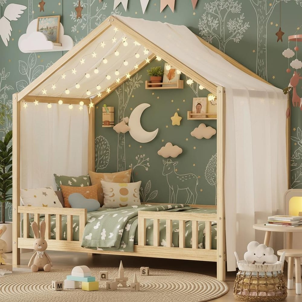 Whimsical Montessori-Inspired Floor Bed with Canopy & Full Safety Rails by Harper&Bright Designs