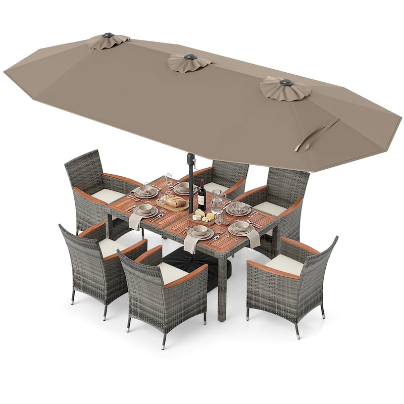 Gymax 8-Piece Patio Dining Set w/ Double-Sided Market Umbrella Acacia - Tan