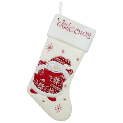 17" White and Red "Welcome" Snowman Embroidered Christmas Stocking