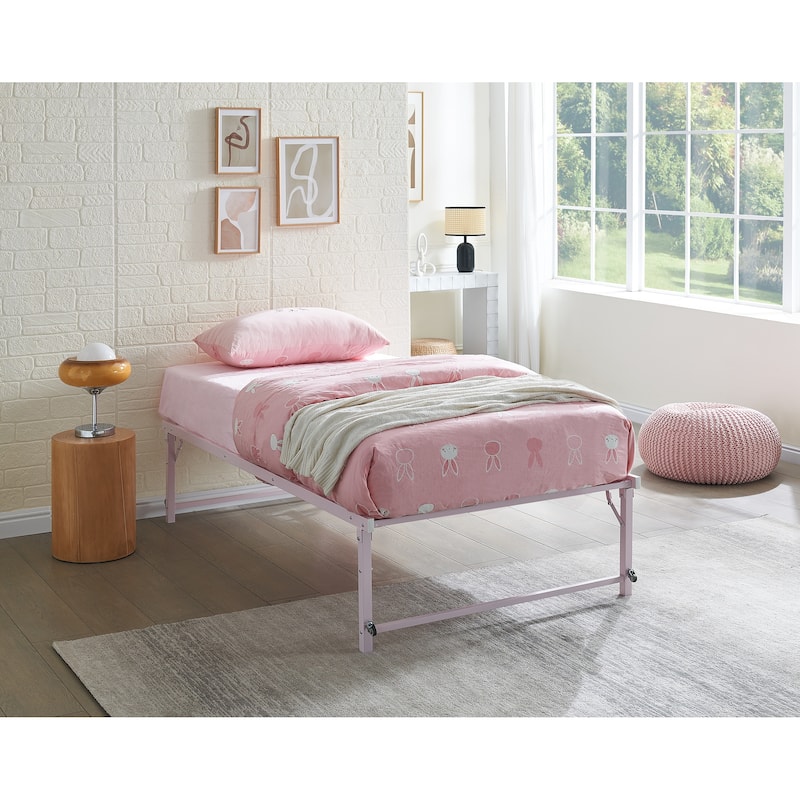 Amara Metal Lift-Up Trundle Bed with Wheels - Pink