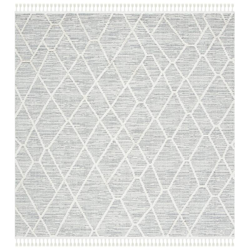 SAFAVIEH Marrakech Moroccan Roselyn Boho Braided Tassel Area Rug - 5' Square - Ivory/Grey