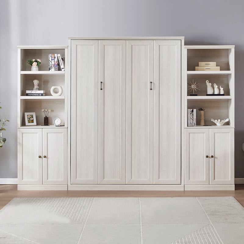 Half Self-Close and Open Murphy Bed with 2 Side Cabinet Storage Shelf