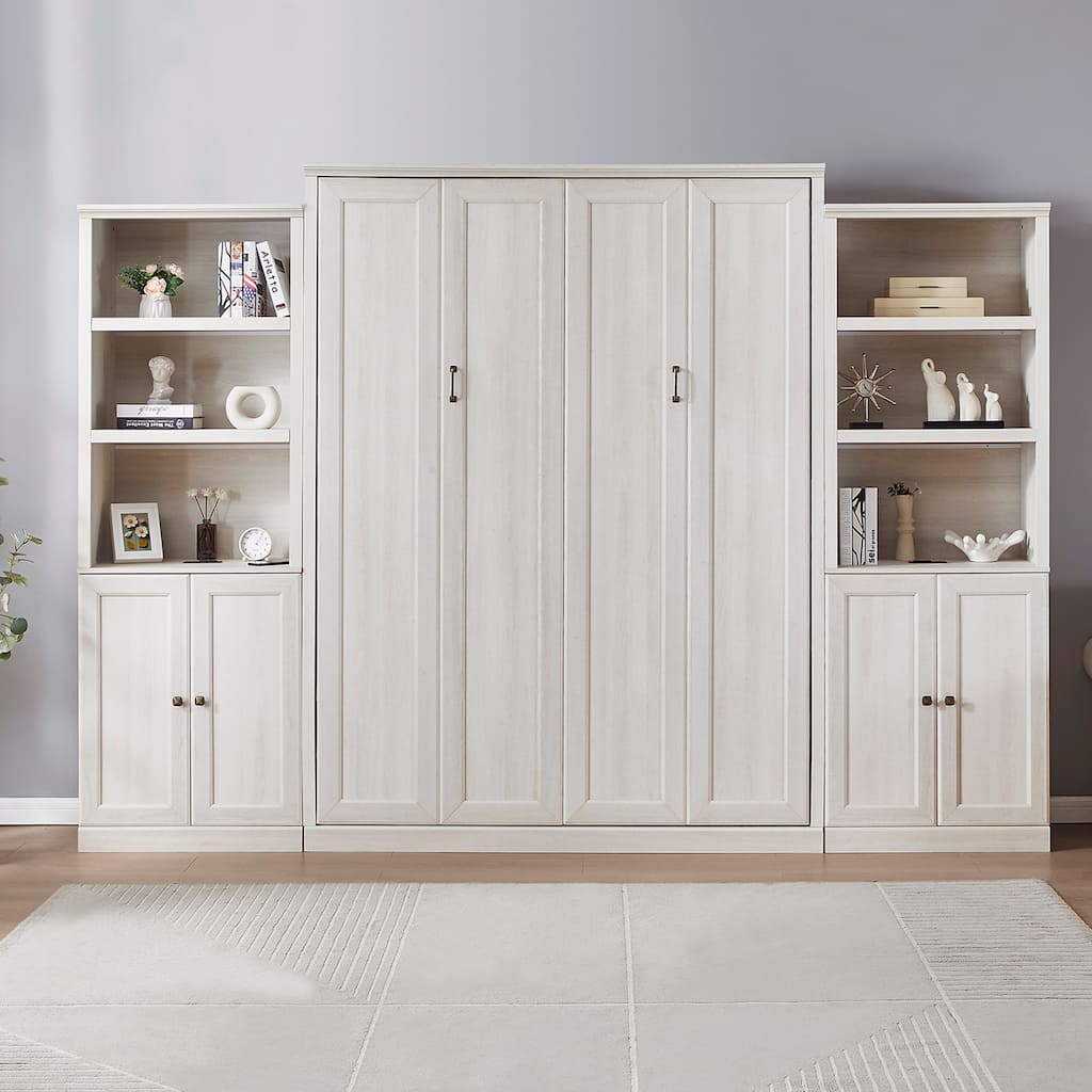 Half Self-Close and Open Murphy Bed with 2 Side Cabinet Storage Shelf