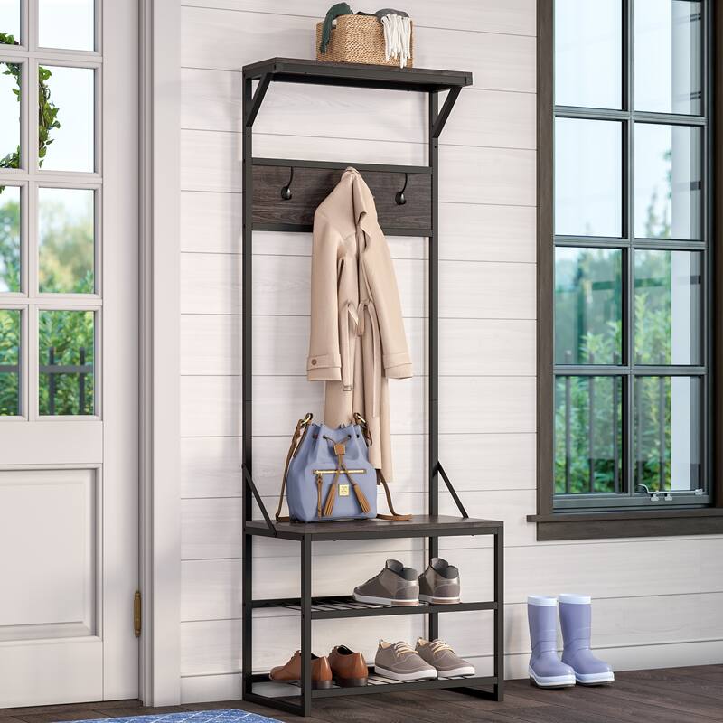 RiverRidge Afton Hall Tree Shoe Storage Organizer Cabinet, Hooks and Entryway Bench - Weathered Woodgrain and Metal Frame