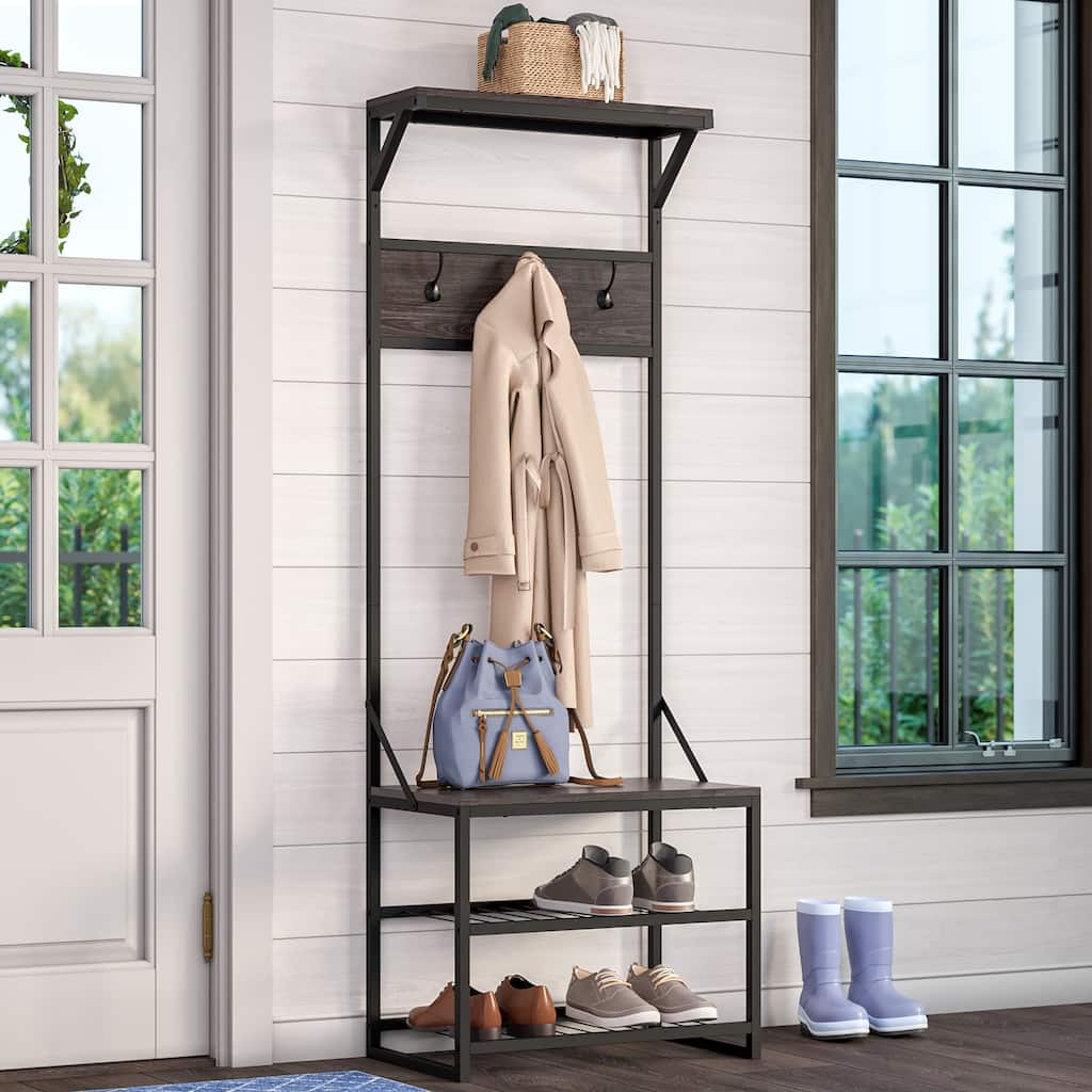 RiverRidge Afton Hall Tree Shoe Storage Organizer Cabinet, Hooks and Entryway Bench - Weathered Woodgrain and Metal Frame