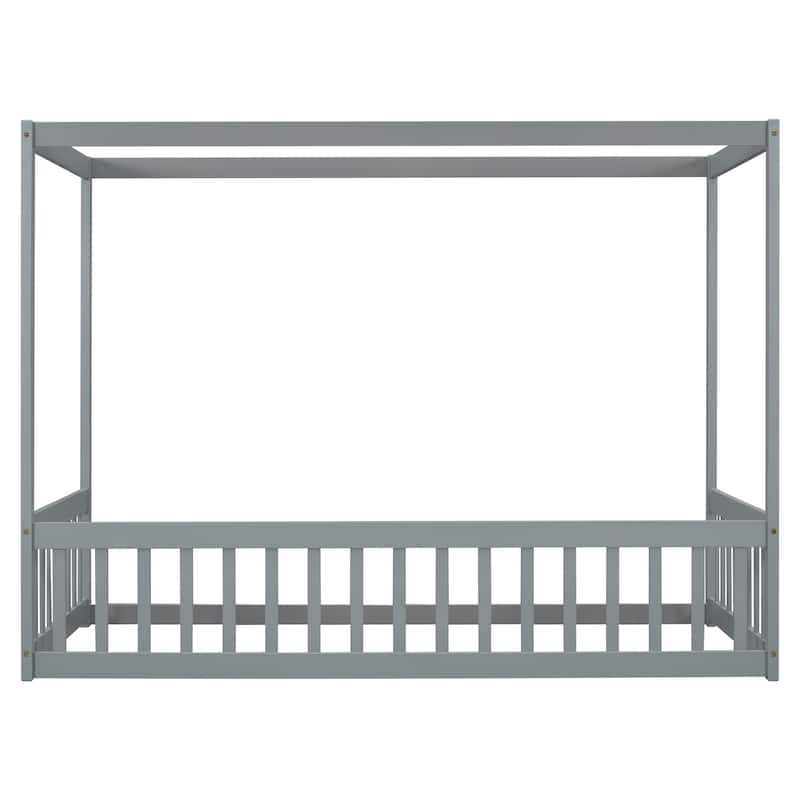 Canopy Frame Floor Bed with Fence and Guardrails
