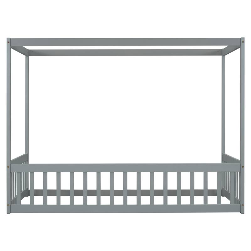 Wood Canopy Frame Floor Bed with Fence,Guardrails