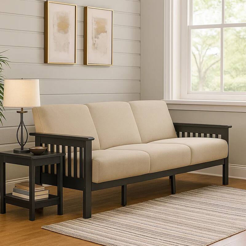 Wiston 72 Inch Sofa, Soft Beige Polyester, Dark Gray Solid Rubberwood