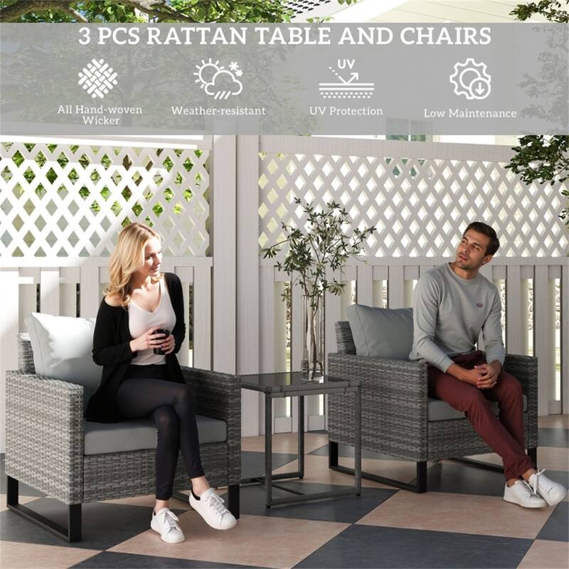 Modern 3 Piece PE Rattan Wicker Grey Outdoor Patio Furniture 2 Chairs with Cushions and Table - 26.8" W x 26" D x 29.5" H