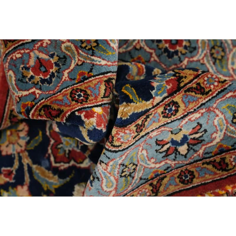 Hand Knotted Oriental 100% Wool Carpet Traditional Floral Navy Blue & Blues Kashan Runner Rug - 10' 9'' X 3' 6''