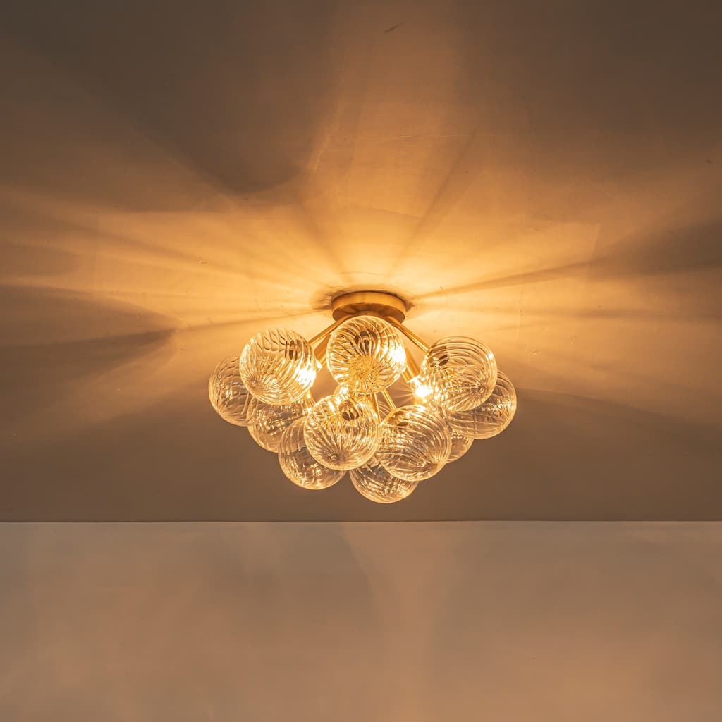 4-Light Modern Luxury Brushed Brass Iron & Textured Glass Globe Flush Mount Ceiling lighting for Living & Dining Areas