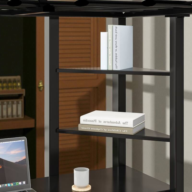 Twin Size Metal Loft Bed with Desk, Storage Shelves & Ladder, Space-Saving Workstation Loft Frame for Teens & Kids