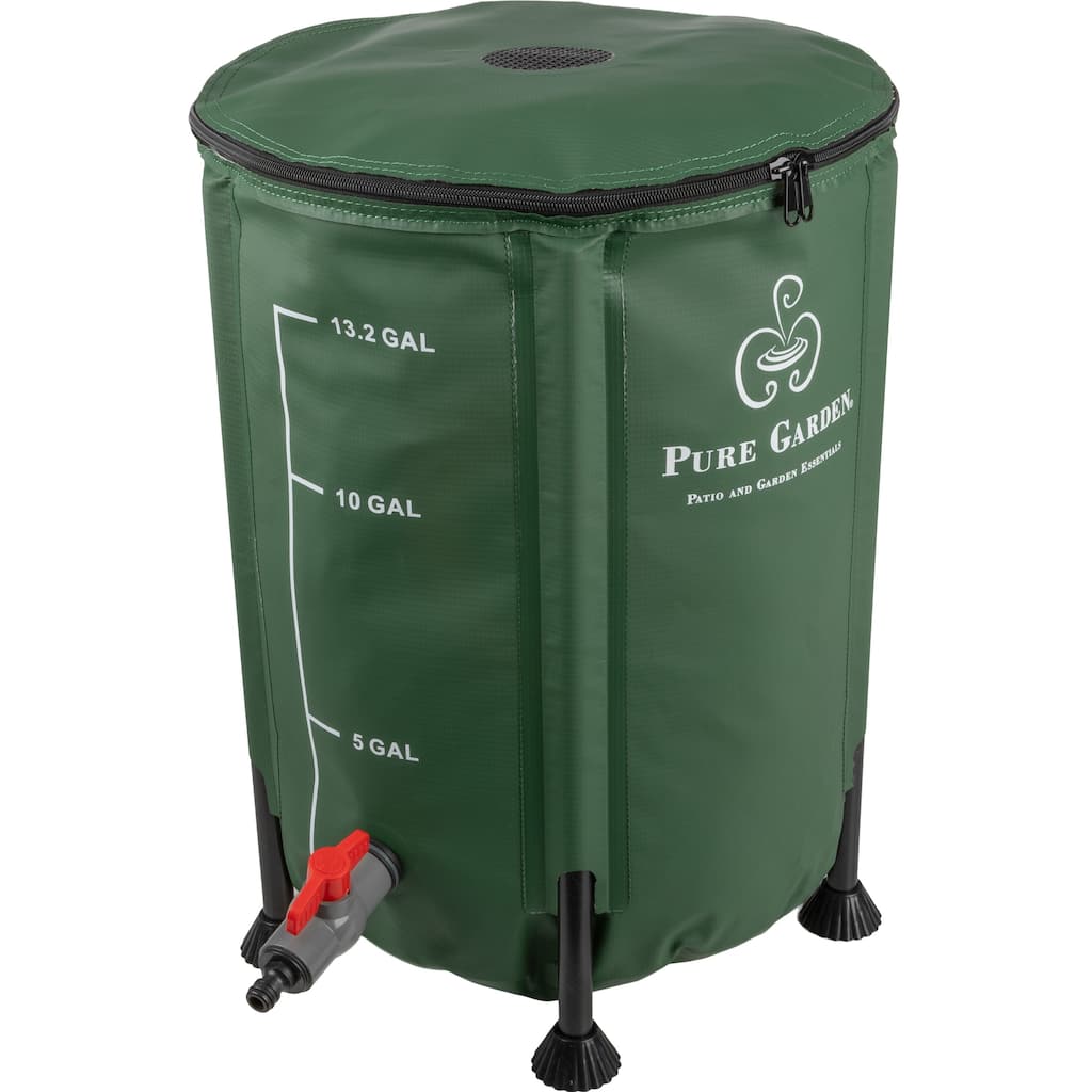Rain Barrel - Collapsible Water Container for Catching Rainwater - Portable Water Tank with Outflow Valve by Pure Garden (Green)