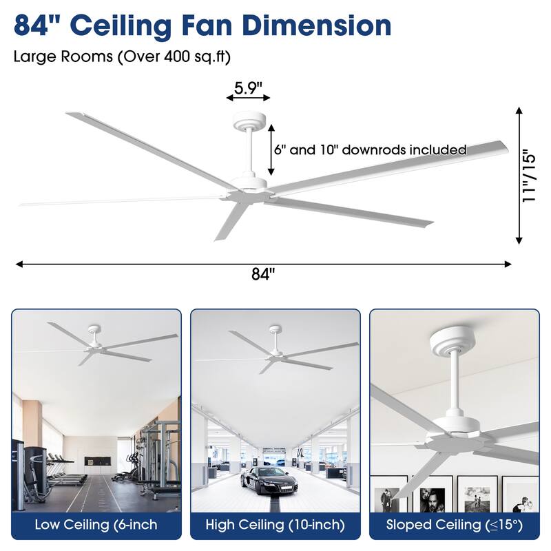 84" Modern White Aluminum 5-Blade Large Commercial Ceiling Fan without Light