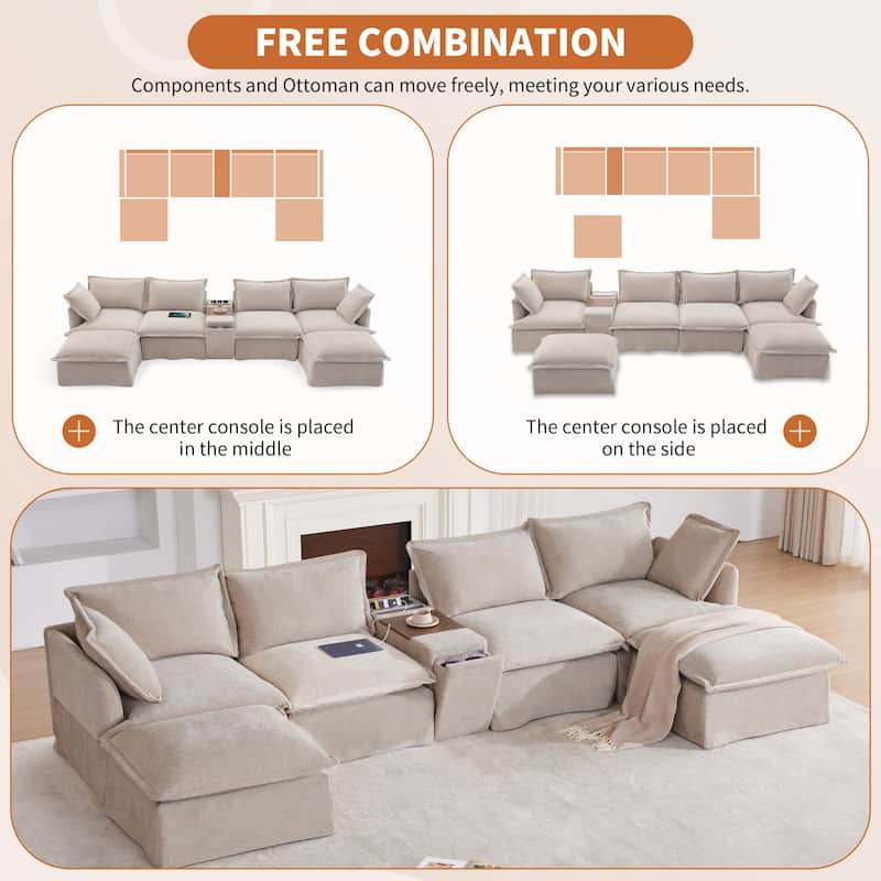 131" Chenille U-Shaped Modular Sectional Sofa with Console