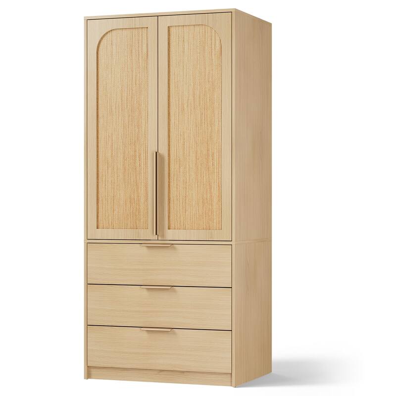 69.5" Armoire Wardrobe Closet with Rattan Doors, 3 Drawers & Hanging Rod, Wooden Storage Cabinet for Bedroom
