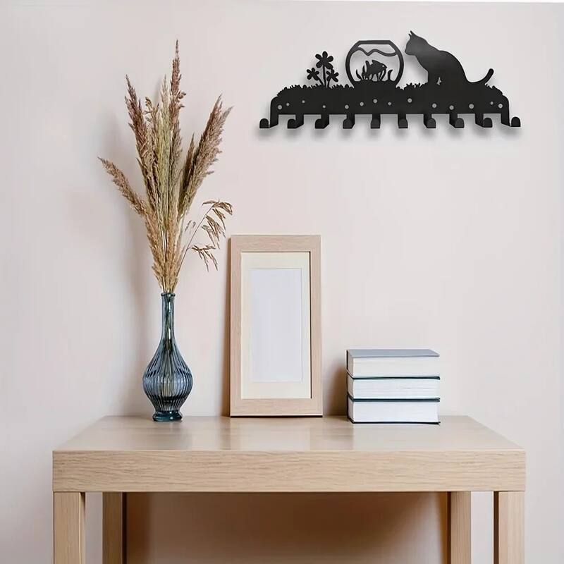 Adorable Kitty Black Iron Wall Mounted Rack with 10 Hooks for Entryway or Bedroom - 13.78”L x 5.51”H
