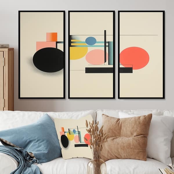 slide 2 of 9, Equilibrium Geometric Circular Retro Color - Abstract Minimalism Canvas Wall Art Set Of 3 - Modern Framed Wall Art Set 38 in. W x 28 in. H - 3 Panels - Black - Wood