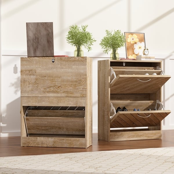 Timechee 8 Pair Shoe Storage Cabinet with 2 Drawers, Wood Color