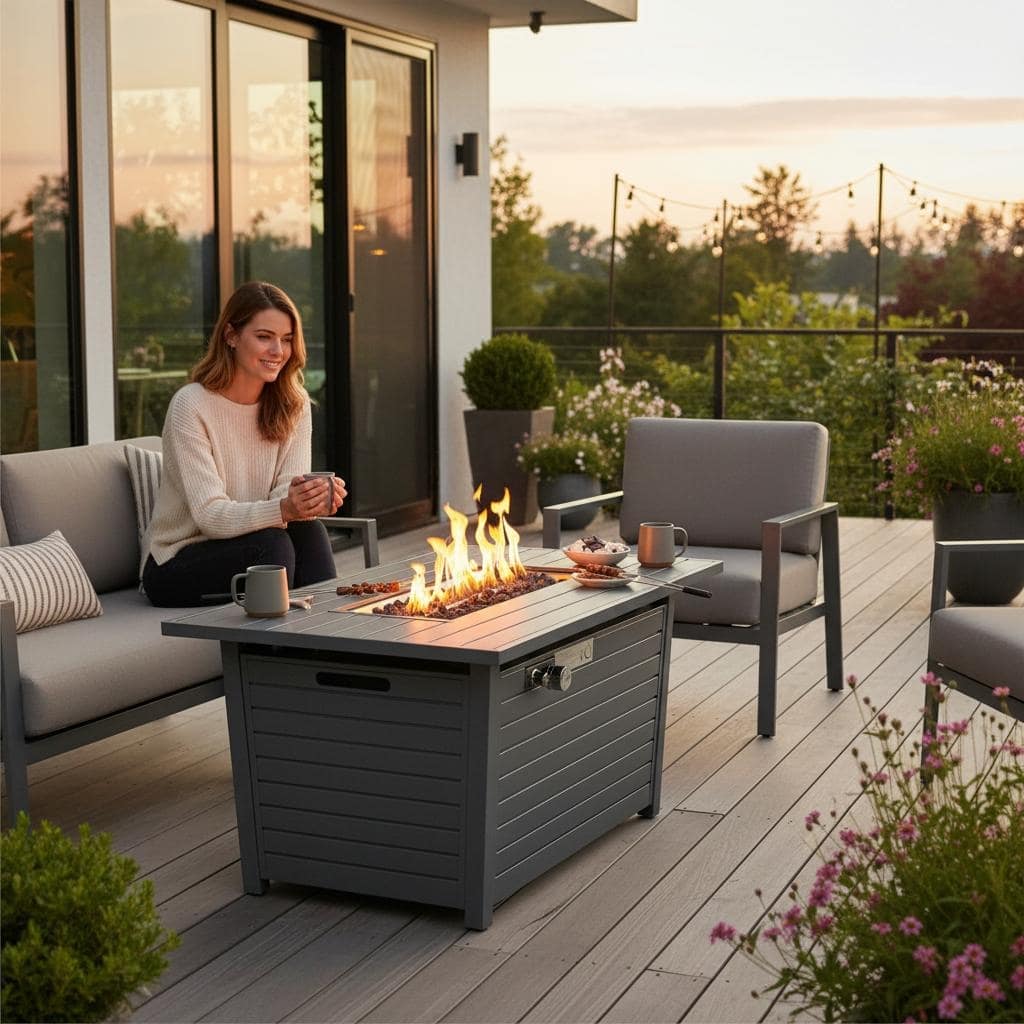 Anmytek 42'' L x 11'' H Steel Propane Outdoor Fire Pit Table with Lid