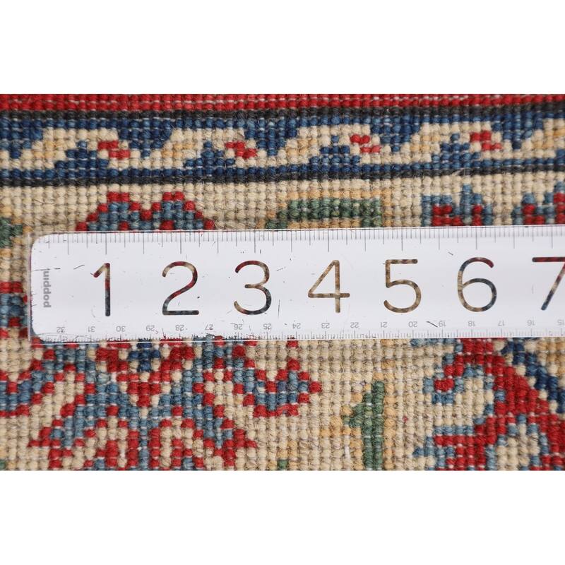 Geometric Kazak Oriental Accent Rug Handmade Red Wool Carpet - 3'5" x 4'11"