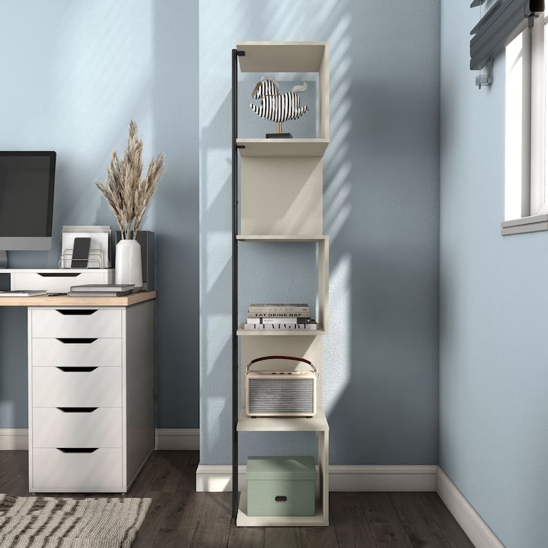 DH BASIC Modern 5 Tier Open Back Corner Bookcase, Display Bookshelf with Cylinder Metal Leg Post by Denhour
