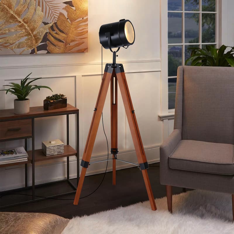 Modern Industrial Metal Wooden Nautical Tripod Floor Lamp- Retro Adjustable Rustic Reading Desk Table Lamp for Living Room - Black