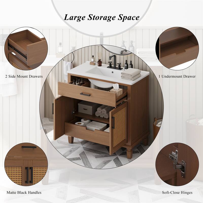 36" Rattan Bathroom Vanity with Ceramic Sink