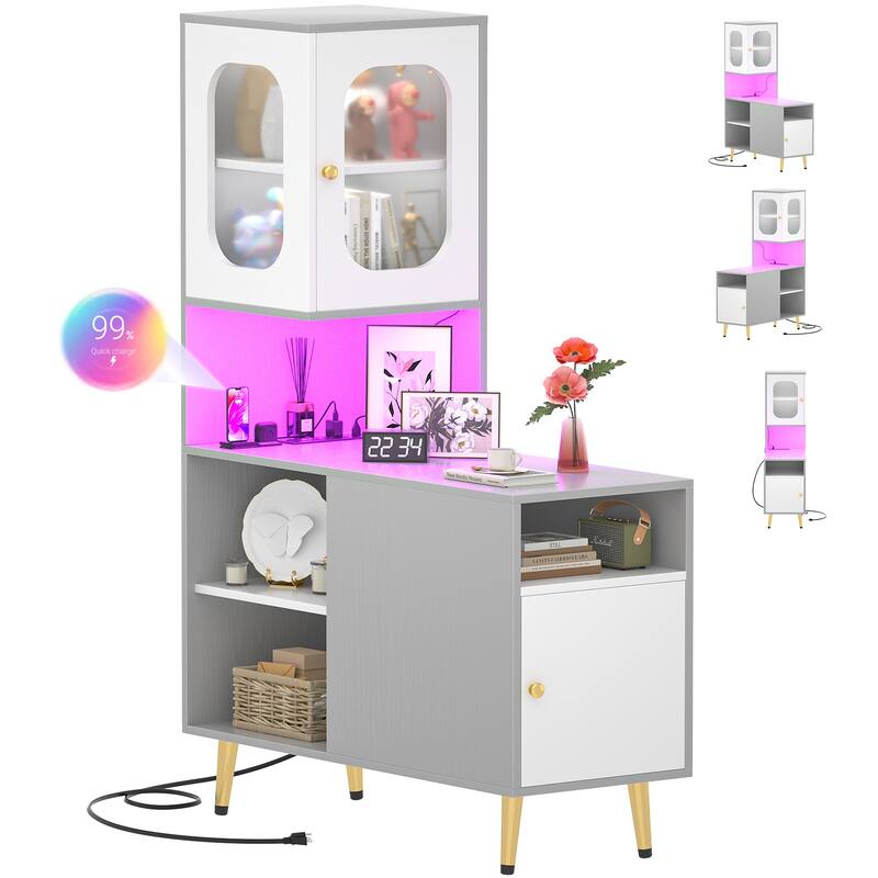Reversible Corner Storage Cabinet with LED Lights and Power Outlets and Doors,Bed Side Table,Sofa Side Table