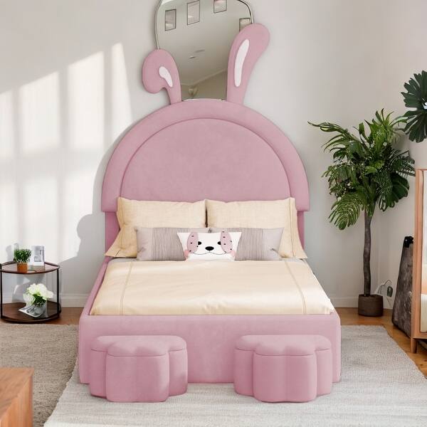 slide 2 of 16, Kids Twin Velvet Upholstered Rabbit-Shape Platform Bed with 2 Storage Stools Pink